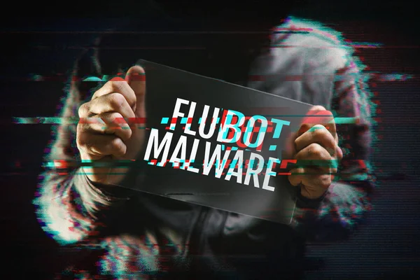 Flubot Malware Konzept Mit Kapuzenhacker Und Glitch Effekt Flubot Ist — Stockfoto