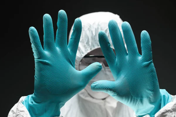 Vaccination Center Medical Worker Gesturing Stop Signs Hands Selective Focus — Stock Photo, Image