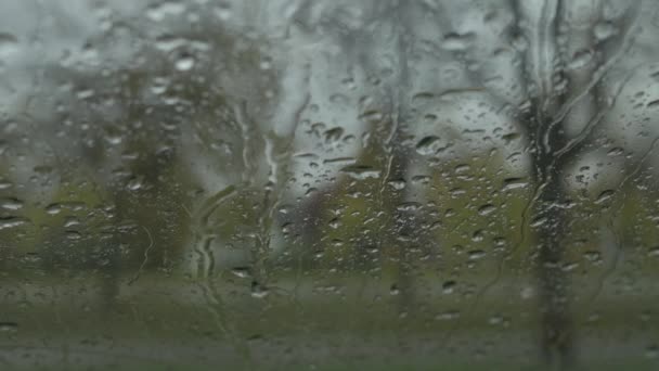 Raindrops Car Windshield Rainy Autumn Day Selective Focus — Αρχείο Βίντεο