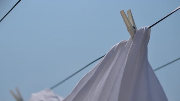 Drying Bed Sheets Outdoor Hot Summer Air Selective Focus — Stock Video