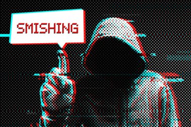 Smishing veya SMS phishing kavramı, dijital olarak geliştirilmiş görüntü başlıklı bilgisayar korsanı metni işaret ediyor