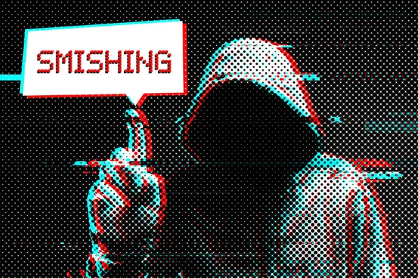 Smishing Sms Phishing Concept Digitaal Verbeterd Beeld Met Capuchon Computer — Stockfoto