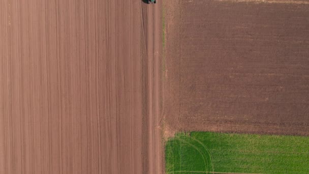 Tarımsal Traktörün Havadan Görünüşü Dümen Dümeni Tarlada Çalıştıktan Sonra Toprak — Stok video