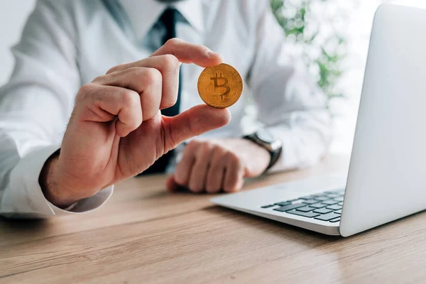 Bitcoin Cryptocurrency Investor Concept Businessman Offering One Crypto Currency Coin — Stock Photo, Image