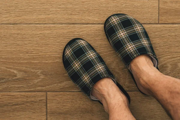 Male Feet Wearing Plaid Slippers Bathroom Top View Copy Space — Stock Photo, Image