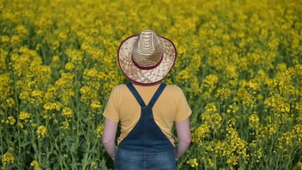 Rückansicht Einer Landwirtin Die Einer Blühenden Rapsplantage Steht Und Über — Stockvideo