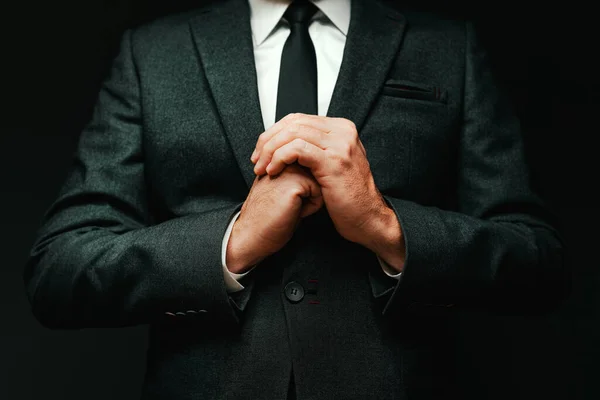 Enthusiastic Confident Businessman Posing Eager Entrepreneur Holding Fist Selective Focus — Photo