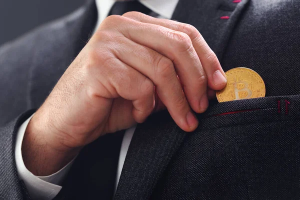 Businessman Pulling Bitcoin Out His Pocket Selective Focus — Stok fotoğraf