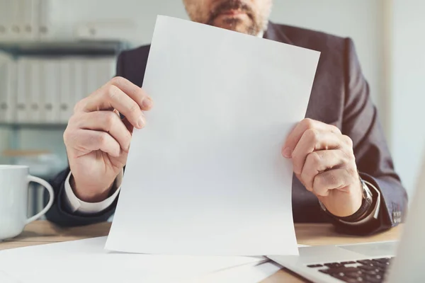 Corporate Document Report Mockup Image Businessman Holding Blank White Paper — Fotografia de Stock
