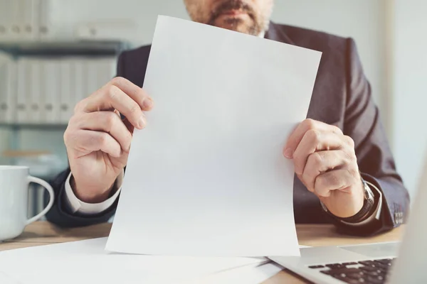 Corporate Document Report Mockup Image Businessman Holding Blank White Paper — Stok fotoğraf