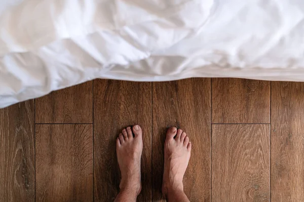 Barefoot Male Standing Front Bed Top View — Stock Photo, Image