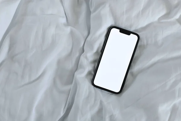 Smartphone Mockup Screen White Bed Sheet Top View Flat Lay — стоковое фото