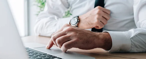 Zakenman Met Laptop Kantoor Met Hand Een Trackpad Touchpad Panoramisch — Stockfoto