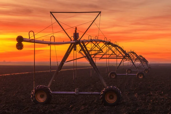 日没の耕田における横移動農業灌漑システム 耕作地に水を供給するための農業設備 — ストック写真