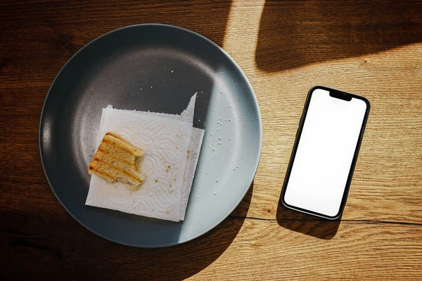 Smartphone Toasted Bread Plate Kitchen Top View — Photo