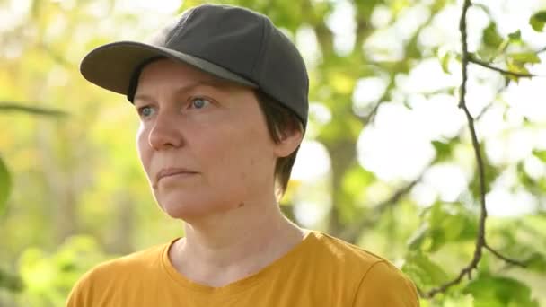 Portrait Contemplative Female Farmer Organic Walnut Orchard Sustainable Farming Homegrown — Stockvideo