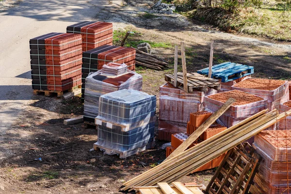 Matériaux Construction Sur Chantier Planches Blocs Tuiles Vue Grand Angle — Photo