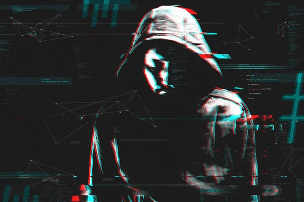 Peretas Komputer Dan Penjahat Cyber Digital Ditingkatkan Gambar Dengan Grunge — Stok Foto