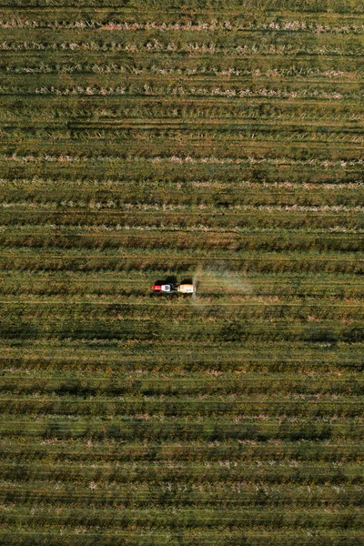 Aerial View Agricultural Tractor Crop Sprayer Applying Insecticide Apple Fruit — ストック写真