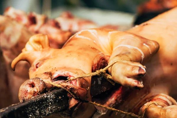 Volles Schwein Spieß Gebraten Selektiver Fokus — Stockfoto