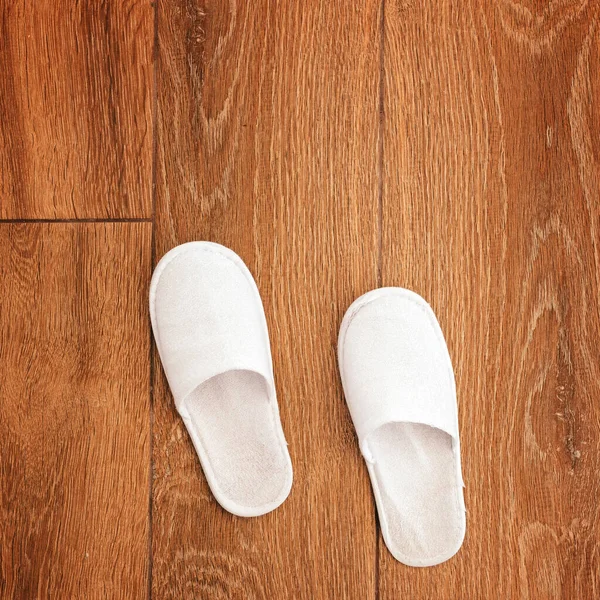 Disposable White Slippers Hotel Room Floor Top View — Foto de Stock