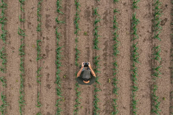 Αεροφωτογραφία Του Αγροτικού Εργάτη Που Χρησιμοποιεί Επανδρωμένο Αεροσκάφος Καλλιεργούμενο Χωράφι — Φωτογραφία Αρχείου