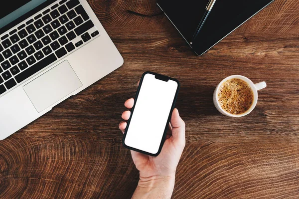 Freelancer Using Mobile Phone Blank White Mockup Screen Office Desk — Stock Photo, Image