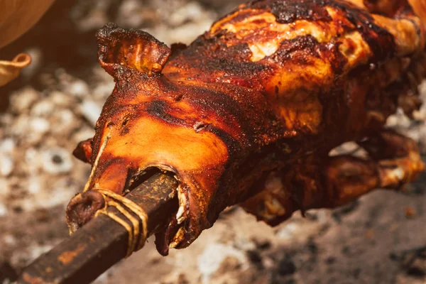 Whole pig roasted on a spit, selective focus