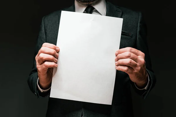 Businessman Holding Blank White Paper Mockup Copy Space Elegant Handsome — Stock fotografie