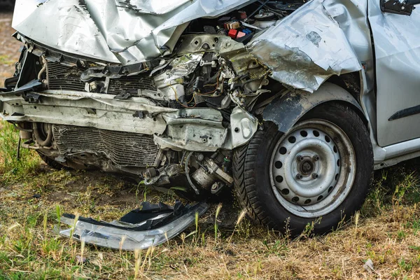 Crushed Damaged Car Traffic Accident Selective Focus — Stock Photo, Image