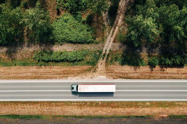 Aerial Shot Semi Truck Driving Highway Countryside Landscape Drone Pov —  Fotos de Stock