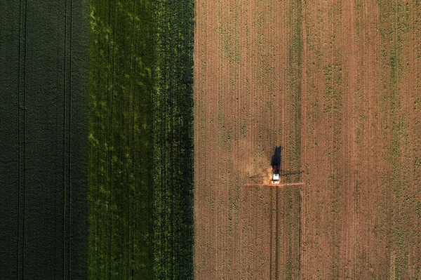 Mezőgazdasági Traktor Légi Felvétele Permetezőgéppel Amely Gyomirtó Szert Permetez Kukoricaültetvényre — Stock Fotó