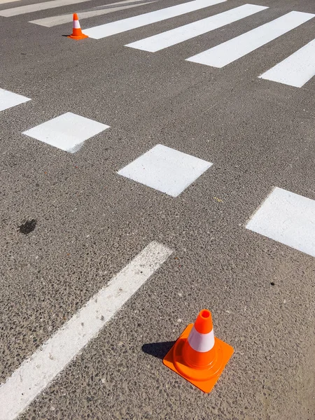 Zebra Crossing Marking Paint Road Orange Traffic Cone Road — Stockfoto