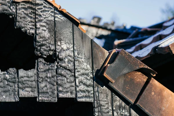 Detail Burnt Wooden Structure House Fire Blaze Selective Focus — ストック写真