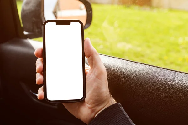 Male Passenger Car Holding Smartphone Device Blank Mockup Screen Copy — Stok fotoğraf