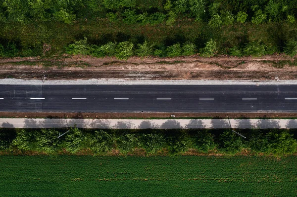 Aerial Shot Repaired Asphalt Road Drone Pov Directly — Fotografia de Stock