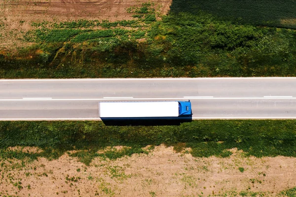 Aerial Shot Semi Truck Driving Highway Countryside Landscape Drone Pov —  Fotos de Stock