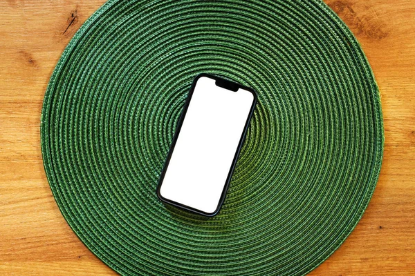 Smartphone Blank Mockup Touch Screen Green Plastic Table Mat Top — Photo