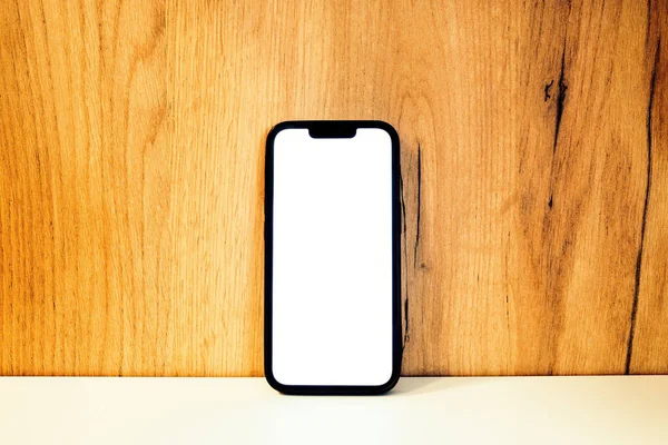Smartphone Mockup Mobile Phone Blank Screen Wooden Shelf Copy Space — Stok fotoğraf
