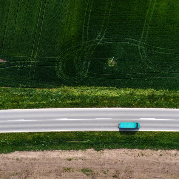 Aerial Shot Blue Van Vehicle Driving Highway Countryside Landscape Drone —  Fotos de Stock