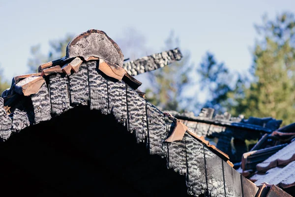 Detail Burnt Wooden Structure House Fire Blaze Selective Focus — ストック写真