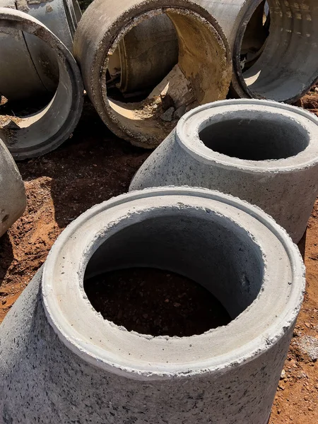 Concrete Sewer Pipes Building Construction Site Architecture Industry Concept — Foto de Stock