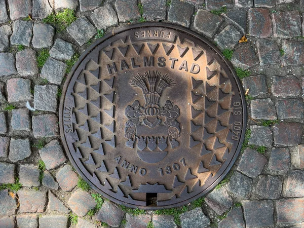 Halmstad Sweden August 2022 Halmstad City Manhole Cover Street Cobblestone —  Fotos de Stock