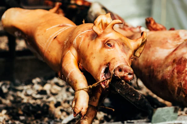Whole pig roasted on a spit, selective focus