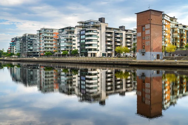 Halmstad, Sweden - August 18, 2022: Halmstad Solsida, residential area on Nissan riverbank in this beautiful Swedish city. Solsida means Sunny side.