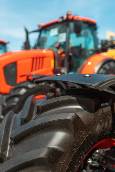 Close up of agricultural tractor tire, farming machinery detail