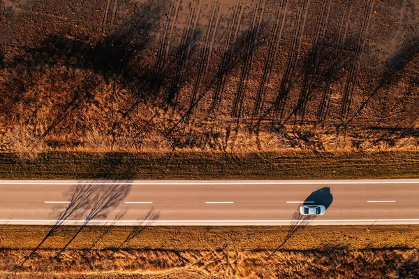 秋の風景を介して高速道路上の灰色の車 ドローンのPov直接上記 — ストック写真