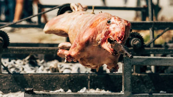 Spit Roasting Lamb Traditional Outdoor Festival Selective Focus — Stock Photo, Image