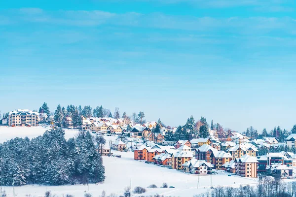 Krásná Zlatibor Krajina Zimě Barevnými Domy Věčně Zelené Borovice Kopci — Stock fotografie