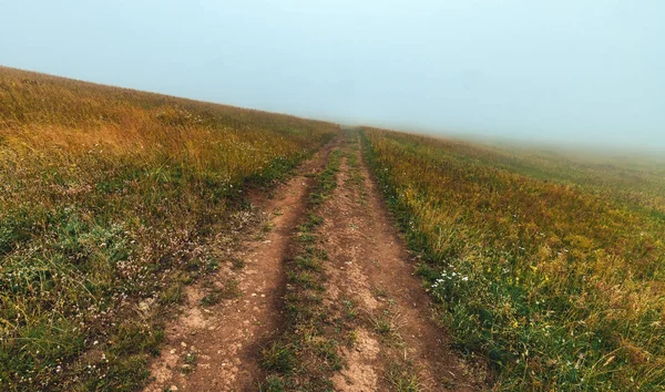 Empty Dirt Road Zlatibor Hills Meadow Diminishing Perspective Disappearing Fog — Stock Photo, Image